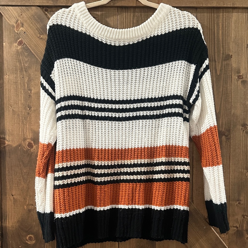Striped Black, White, and Orange Women's Sweater